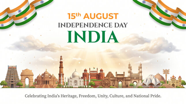 Indian Independence Day Skyline with Famous Monuments and Tricolor Theme for Greeting Banner Design
