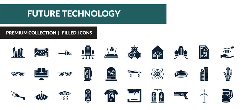 filled future technology icons set - cityscape, panoramic view, chainsaw, ar glasses. editable vector for web and mobile ui