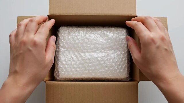 Person packing a cardboard box with bubble wrap for safe shipping and delivery.