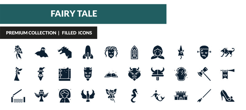 filled fairy tale icons set - madre monte, ghost, werewolf, myth. editable vector for web and mobile ui