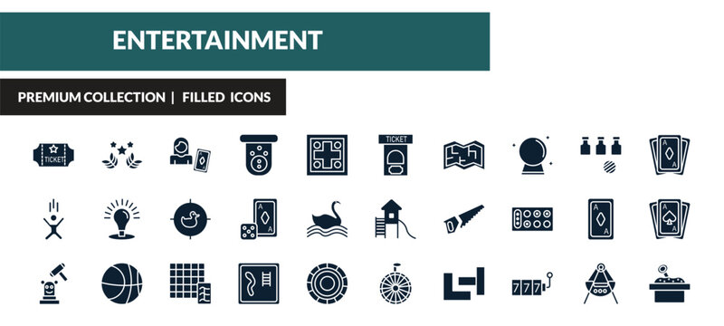 filled entertainment icons set - gold ticket, glory, gambler, jump. editable vector for web and mobile ui