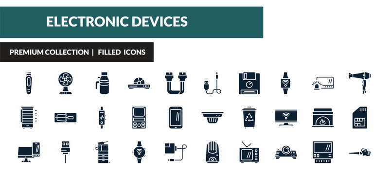 filled electronic devices icons set - trimmer, electric fan, garbage disposal, rotisserie. editable vector for web and mobile ui