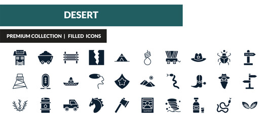 filled desert icons set - desert saloon, mine, paddock, cowboy tower. editable vector for web and mobile ui © IconArt