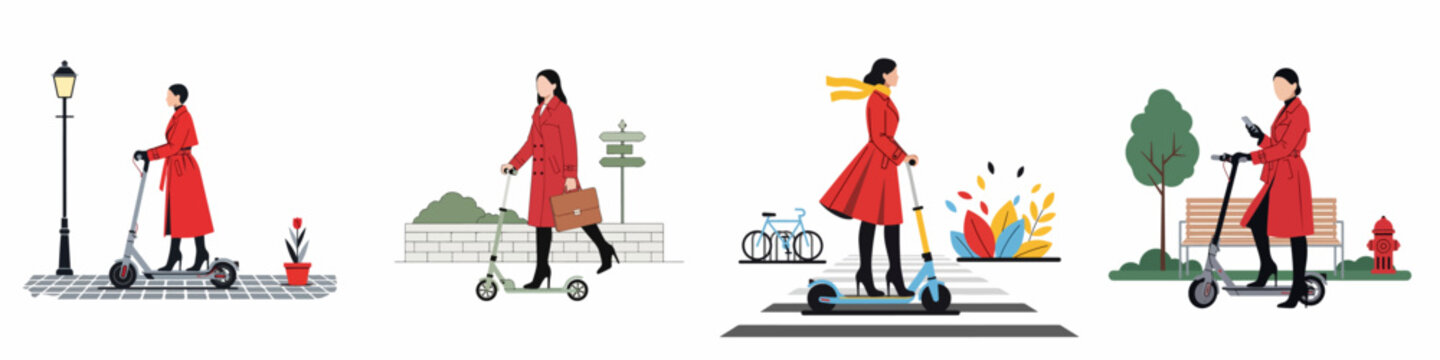 Set of flat vector illustrations showing a stylish woman in a red trench coat commuting through various urban environments on an electric scooter.