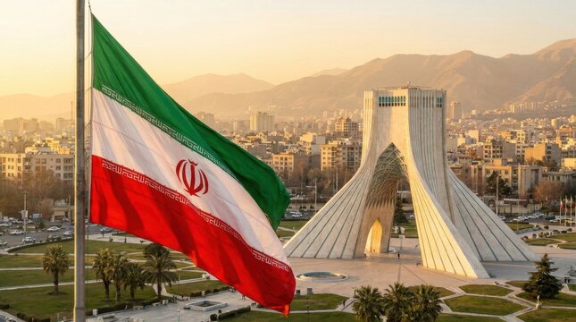 Iranian Flag Waving in Front of Azadi Tower in Tehran Cityscape