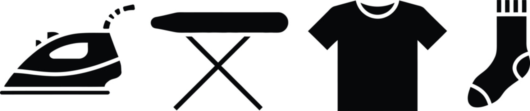 Laundry black glyph icons set electric iron ironing board shirt and single sock vector images.