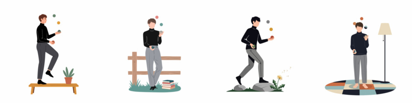 Flat illustration set of a young man juggling balls in various indoor and outdoor settings, symbolizing balance, hobby, and multitasking in daily life.