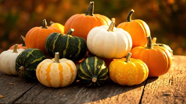A bountiful arrangement of colorful autumn pumpkins and gourds slowly rotates on a rustic wooden surface reflecting warm, golden hour light natural, warm golden hour light, holiday
