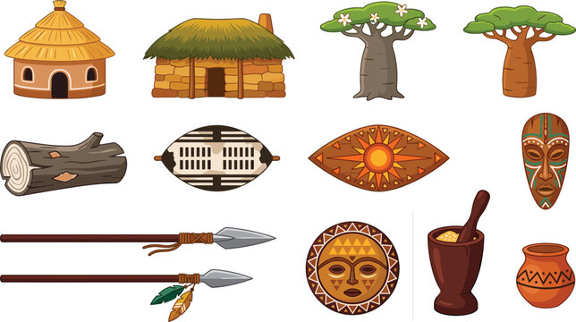 Traditional African Tribal Culture and Village Life Icon Set with Mud Huts, Baobab Trees, Shields, Spears, Ritual Masks, and Clay Pottery Assets