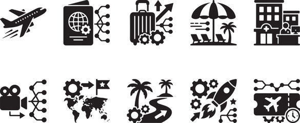 Fototapeta premium Travel & Tourism Icon Set - Airplane, Passport, Vacation & Hotel Vector Icons