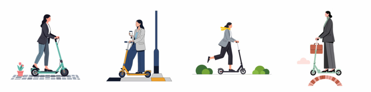 Set of vector illustrations showing professional women commuting to work on electric kick scooters in the city, promoting sustainable urban mobility.