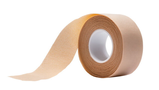 Isolated beige elastic kinesiology tape roll unwound for sports medicine and muscle support therapy.