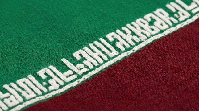 Close up of the flag of Iran with Kufic Takbir script