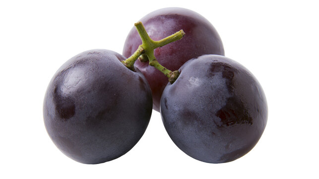 Three ripe dark purple grapes with green stem, isolated on transparent background