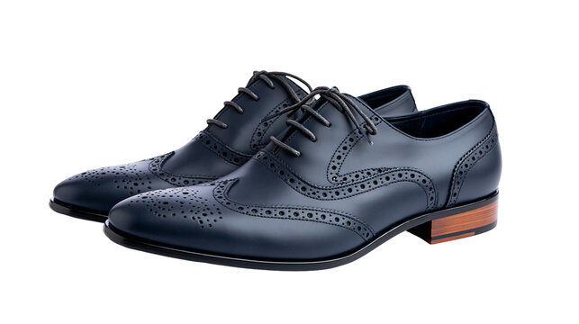 Dark blue leather wingtip brogue shoes with wooden heel, isolated on transparent background