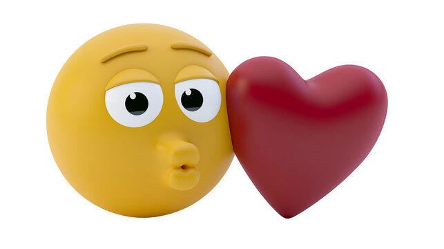 Yellow kissing emoji face with puckered lips touching a red heart, isolated on transparent background