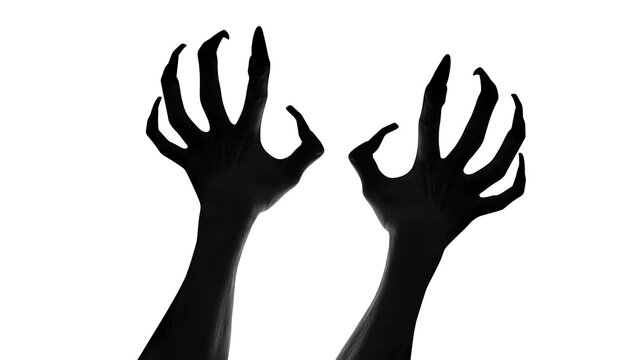 Two black demonic clawed hands reaching upwards, isolated on transparent background