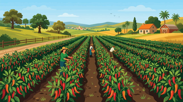 Farmers Harvesting Red Chili Peppers in a Large Rural Field with Farmhouse and Mountains Background