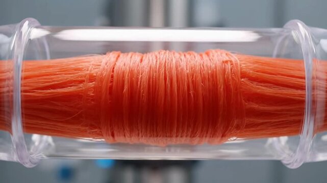 Close up view of orange industrial fiber strands inside a transparent glass tube.