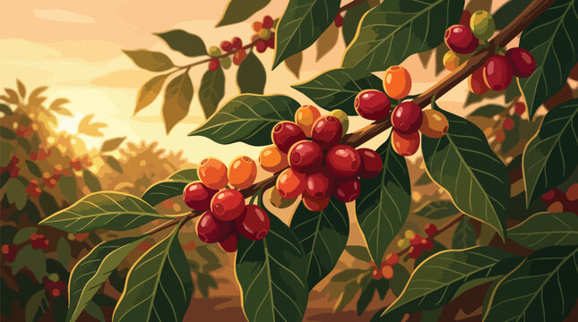 Ripe Organic Coffee Berries on a Tree Branch with Green Leaves in a Sunlit Plantation Field during Golden Hour