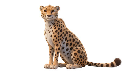 Isolated cute cartoon cheetah sitting, an adorable spotted wild animal character with orange eyes © Aoife