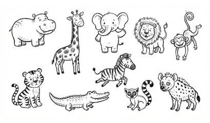 Hand Drawn Cute Wild Safari Animal Collection with Hippopotamus Giraffe Elephant Lion Zebra and Crocodile Vector Set © Crafts Home