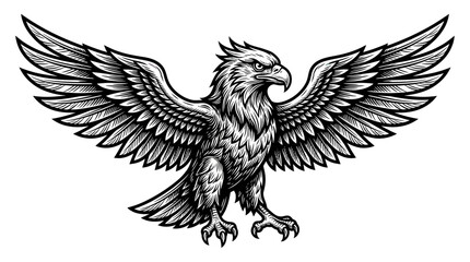 Fototapeta premium Eagle Emblem, Majestic Bird of Prey with Wings Spread, Black and White Drawing
