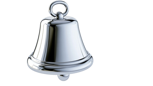 Shiny polished silver bell with a hanging loop, isolated on transparent background