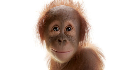Adorable baby orangutan face with fluffy brown fur, isolated on transparent background © VSTOCK
