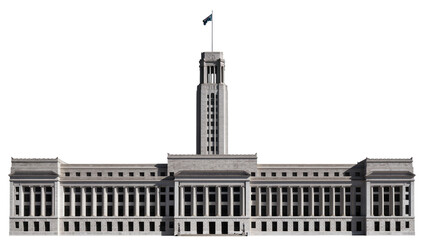 Obraz premium Isolated classical stone building with prominent columns and a tall central tower, an architectural landmark