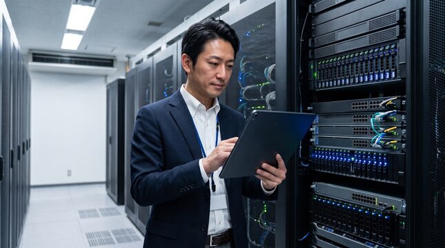 データセンターでサーバーのバックアップを確認するIT技術者：データ保護とセキュリティ対策のインフライメージ