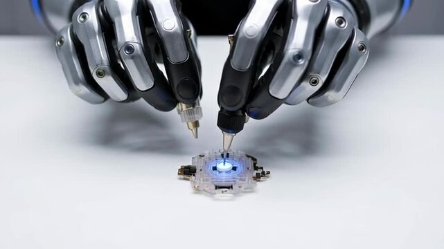 Advanced robotic hands performing precision assembly on a small electronic circuit board component.