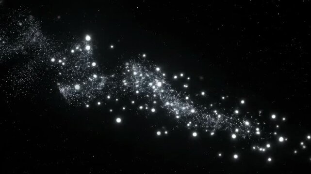 Abstract white glowing particles drifting and flowing serenely through dark space, resembling ethereal spirits or phantom entities serenely, clean, mysterious