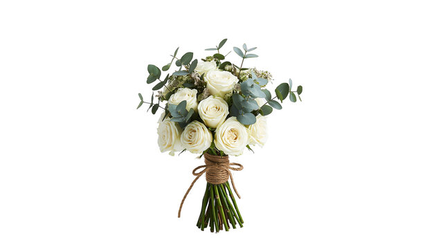 Elegant bouquet of white roses and eucalyptus tied with twine, isolated on transparent background