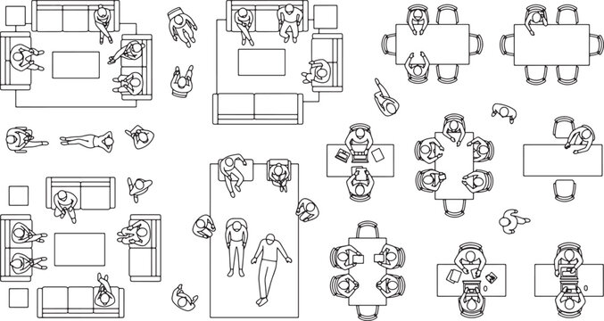Architectural top view furniture and people set for interior design floor plans in black and white vector