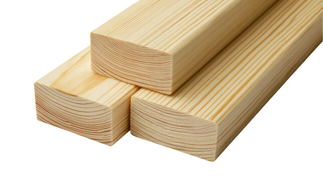 Stack of three unfinished pine wood planks, isolated on transparent background