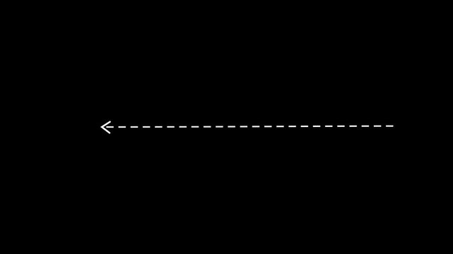 right arrow direction icon with dotted line animation on black background. dot arrows icon sign animated with alpha channel. Black straight arrows animation. Reveal animation dashed.