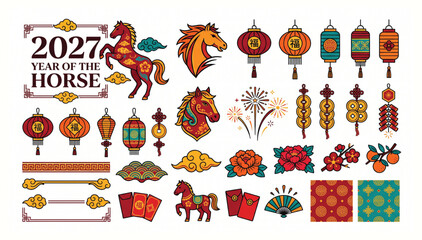 Fototapeta premium 2027 year of the horse chinese new year decorative elements and traditional icons vector set with lanterns fireworks patterns traditional celebration prosperity elements illustration