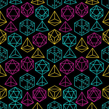 Seamless pattern of neon polyhedral dice on a black background