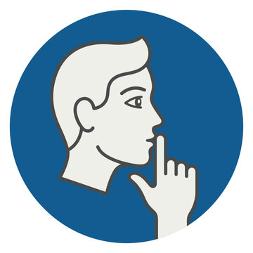 A blue circular icon showing a man gesturing for silence