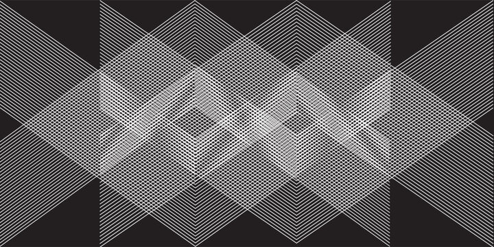 Abstract geometric vector background with white intersecting diagonal lines pattern, optical illusion grid texture, and black dark mode backdrop for tech banner or cover design