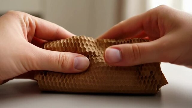 Hands holding and wrapping a parcel with sustainable honeycomb textured brown paper material.