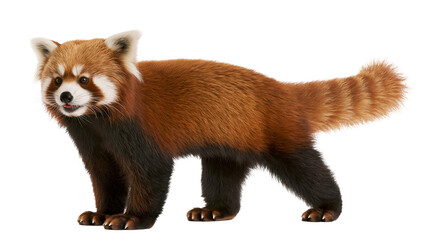 Fototapeta premium Red panda with bushy striped tail standing alert, isolated on transparent background