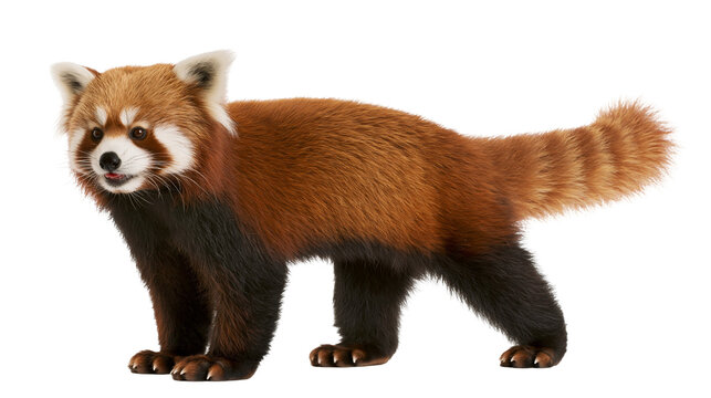 Red panda with bushy striped tail standing alert, isolated on transparent background