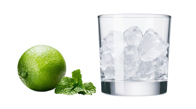 Fresh green lime and mint leaves next to a glass filled with ice cubes, isolated on transparent background
