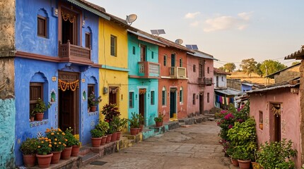 Fototapeta premium Vibrant colorful traditional houses in a rural indian village street, featuring bright blue, yellow, turquoise, and pink facades with potted plants and flowers