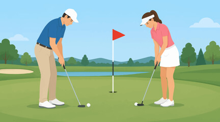 Obraz premium Man and woman playing golf on a green course with flag and trees