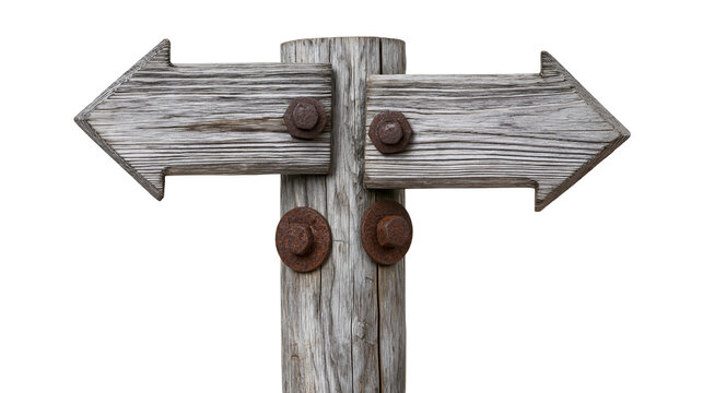Rustic weathered wooden directional signpost with rusty bolts, isolated on transparent background