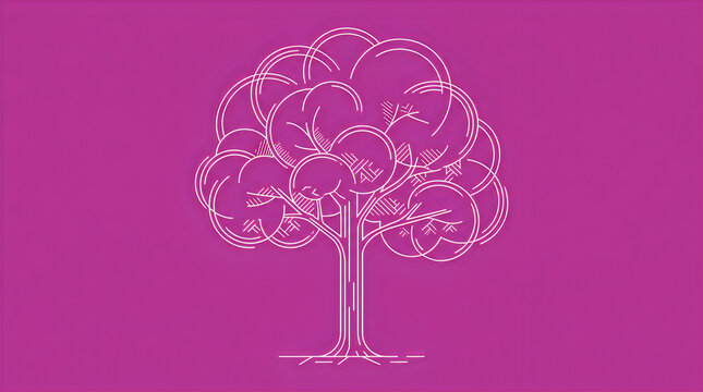CAD tree lines Pink background, tree illustration, white line art, minimalist design, decorative symbol VECTOR
