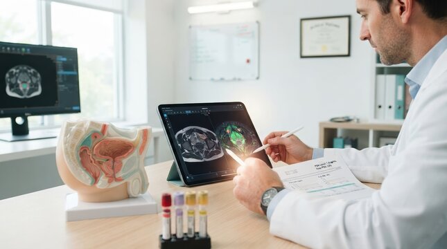 Urologist in a bright clinic reviews a multiparametric prostate MRI on a tablet beside PSA lab results, color-coded blood vials, and a pelvic anatomy model, suggesting earlier detection of aggressive